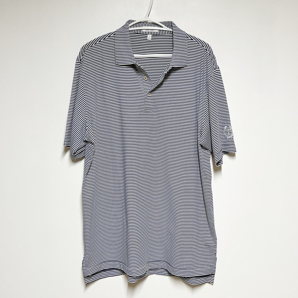 Peter Millar Summer Comfort golf polo shirt blue and white striped pattern Sz L